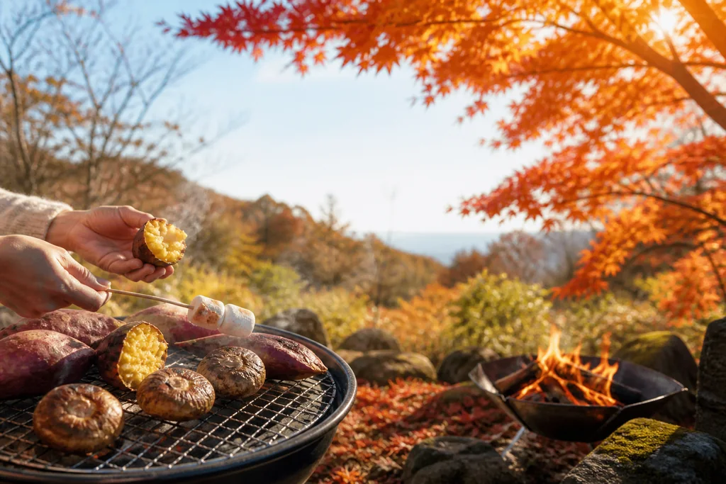 焼き芋、焼きマシュマロ、きのこと昼焚火の演出イメージ